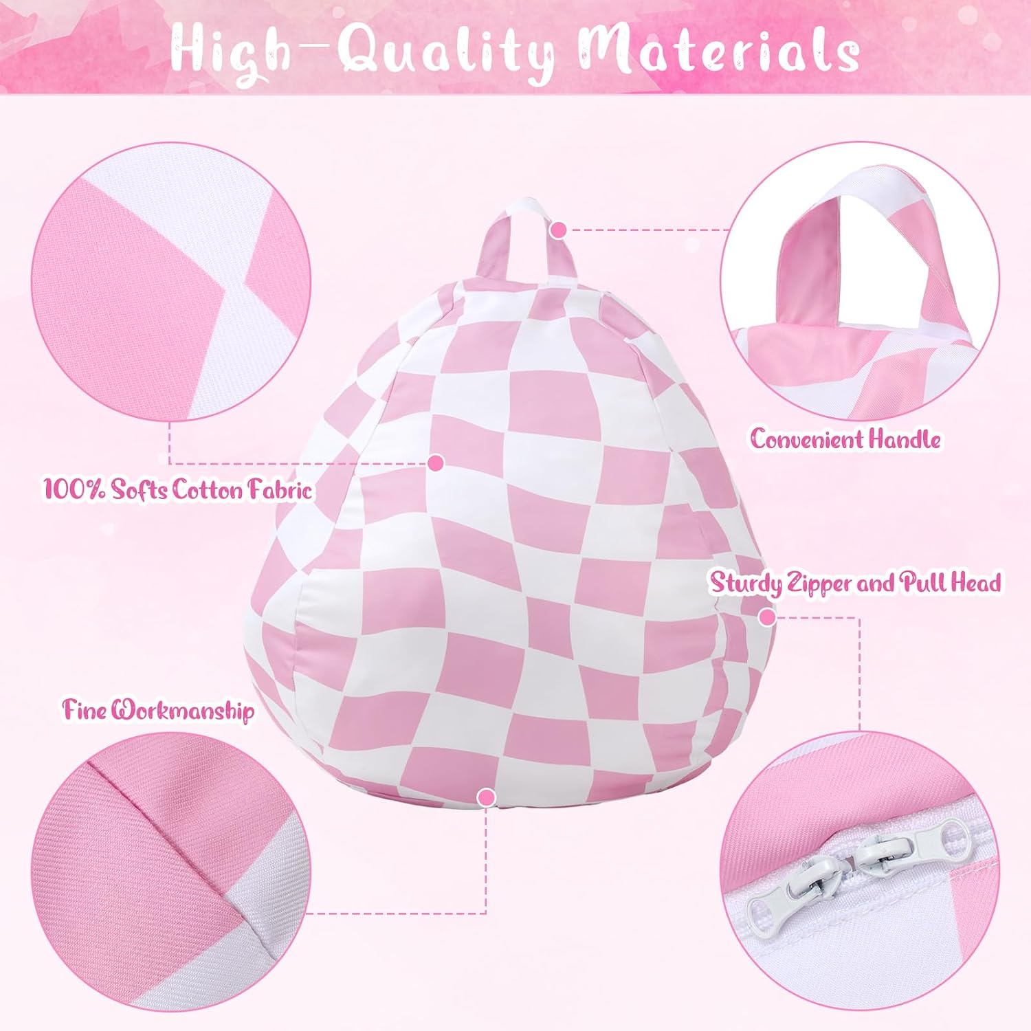 VitalCozy Bean Bag Chair for Teens (No Filler) Stuffed Animal Storage Bean Bag Chair Cover Polyester Stuffable for Kids Plush Toys Clothes Home Supplies(Pink Plaid)