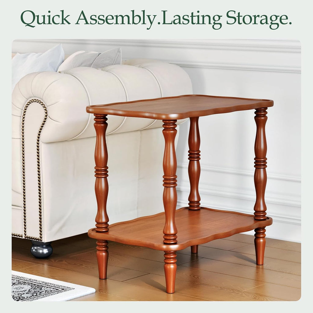 Solid Wood End Table Living Room - 23.6" H Small Narrow Rectangle Wooden End Table for Small Spaces, Dark Real Brown Solid Wood Vintage Antique Side Bedside Table Nightstand with 2-Tier Storage