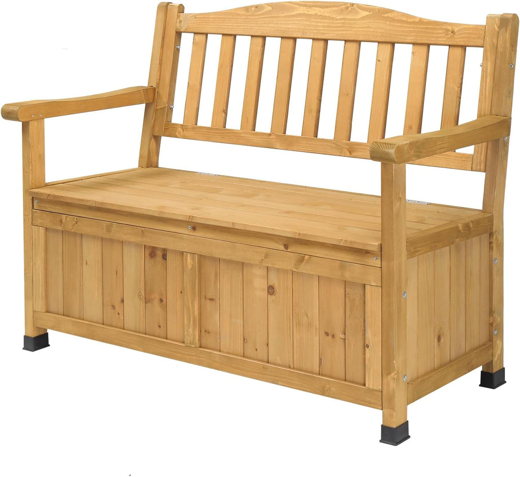 Outdoor Wooden Storage Bench, Large Deck Box with Seating & Armrest, Patio Organizer Loveseat for Garden Porch Backyard Poolside, Fir Wood