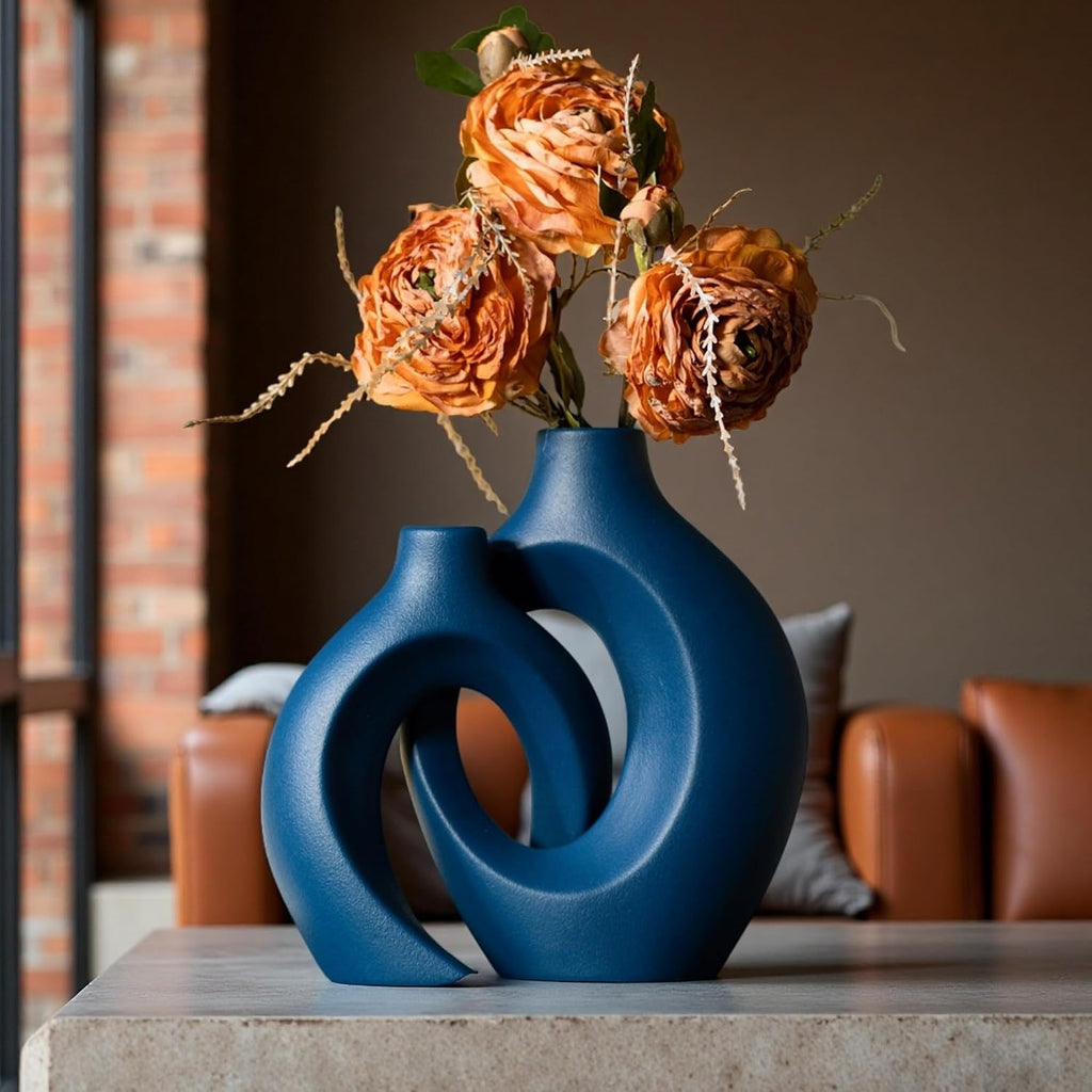 Levvohd Snuggle Hollow Ceramic Vase Set of 2, 8.4 inch Modern Nordic Coastal Shaped Pampas Grass Aesthetic Decorative Table Vases for Home Decor (Matte Navy Blue - M)