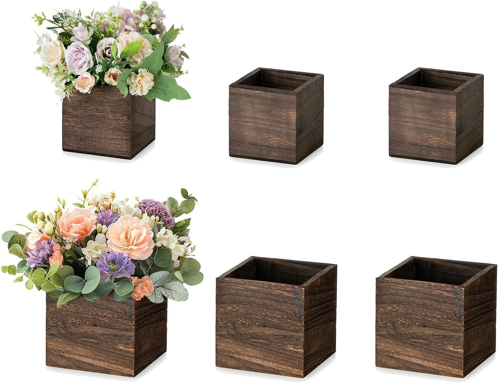 NUPTIO Wooden Box for Centerpiece Wedding: 6 Pcs Rustic Square Planter Box for Christmas Table Fall Decorations - 4×4" & 5×5" Small Wood Vases Flower Pots for Windowsill Home Garden Decor
