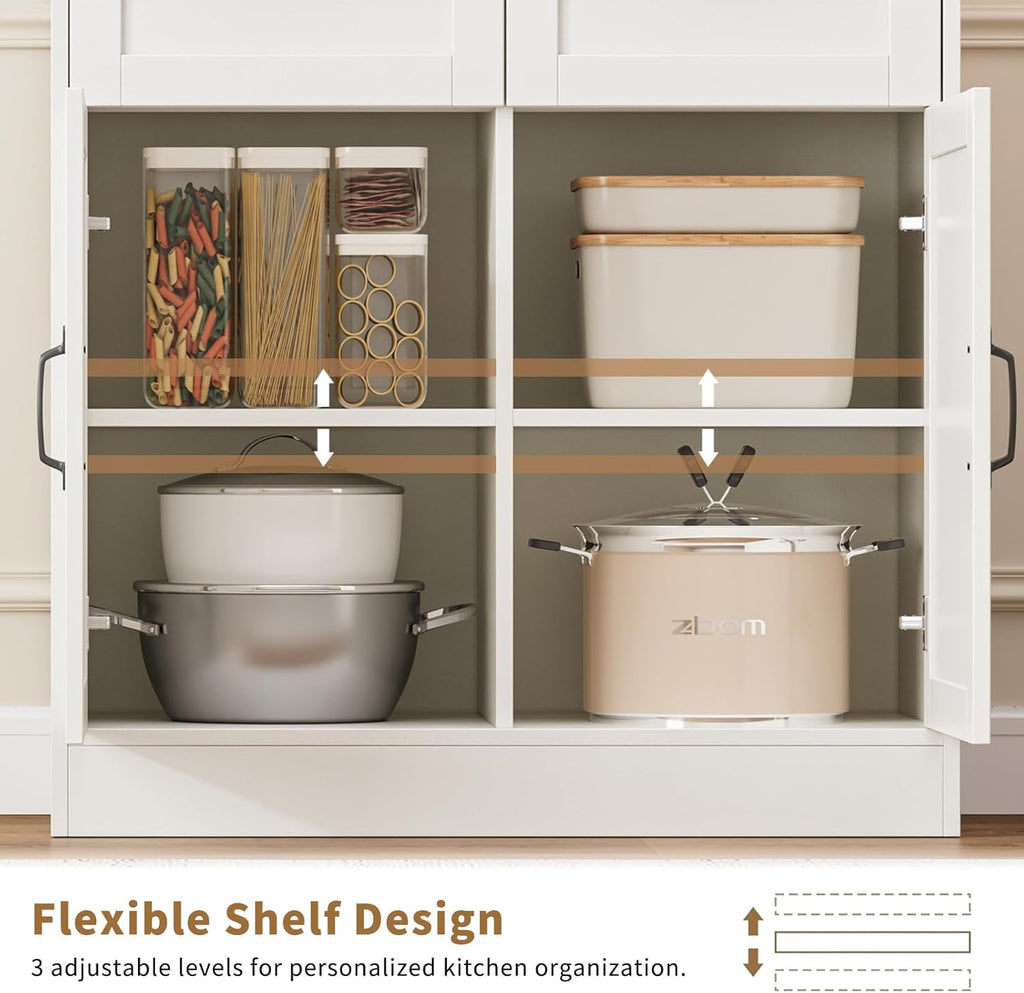71" Tall Pantry Cabinet with Charging Station, Freestanding Kitchen Pantry Storage Cabinet with Adjustable Shelves & 2 Drawers, Kitchen Hutch with Open Countertop for Dining Room, White