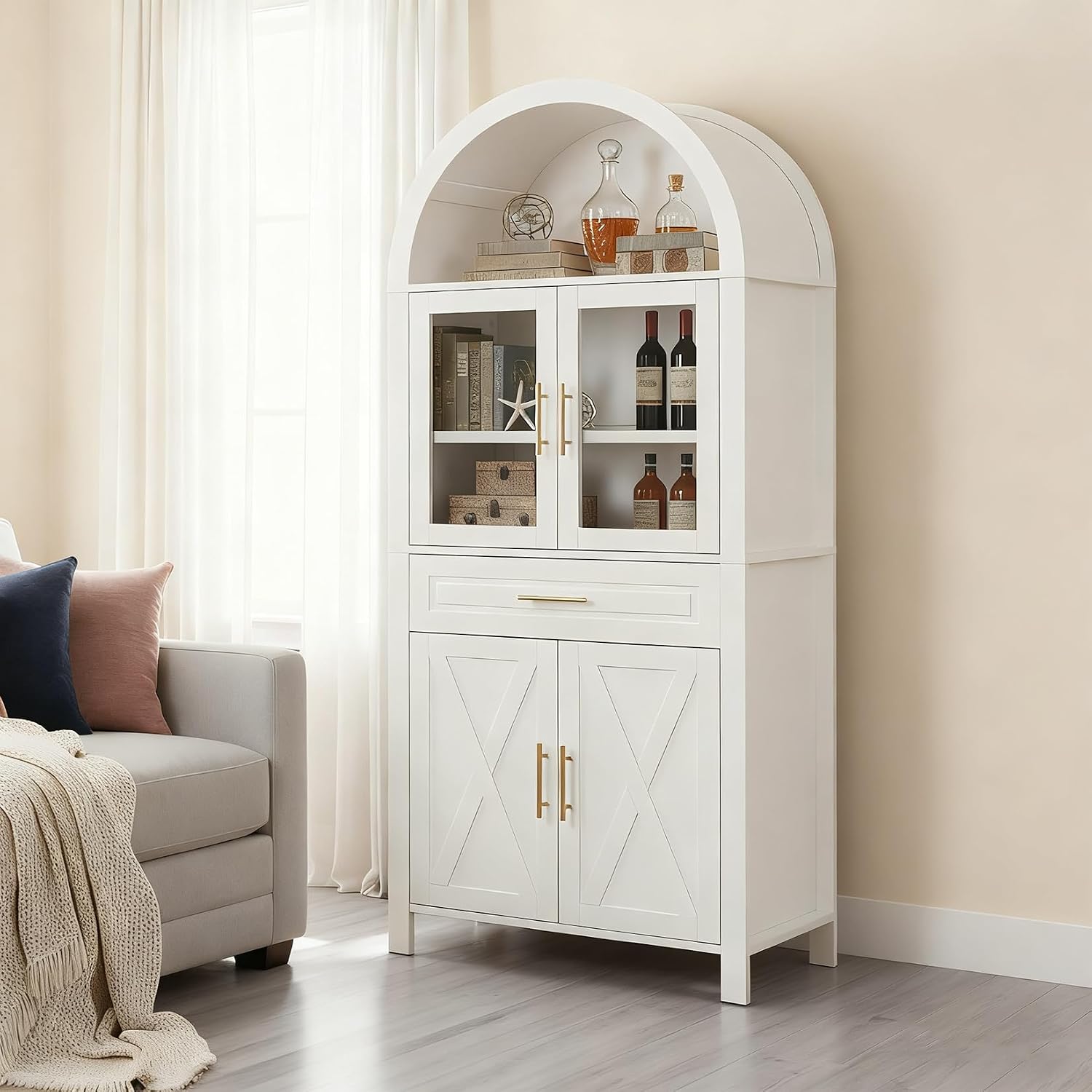 Freestanding Arched Kitchen Pantry Cabinet, 70.8" Tall Kitchen Pantry w/Adjustable Shelves, Farmhouse Barn Door Buffet Sideboard for Dining Room, Living Room, White