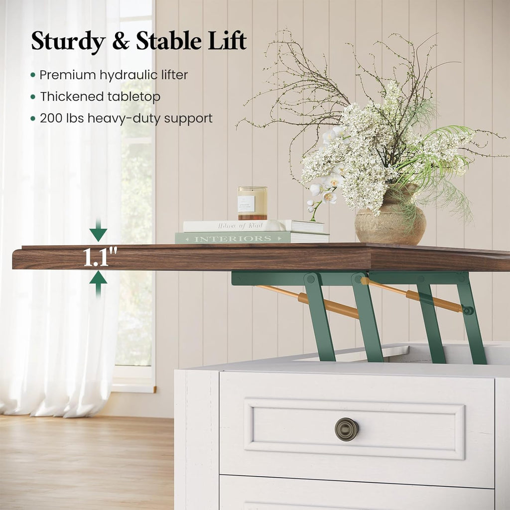 47.2" Lift Top Coffee Table with Storage, Farmhouse Coffee Table with Large Hidden Storage Compartment and 4 Drawers, Square Coffee Tables for Living Room, White