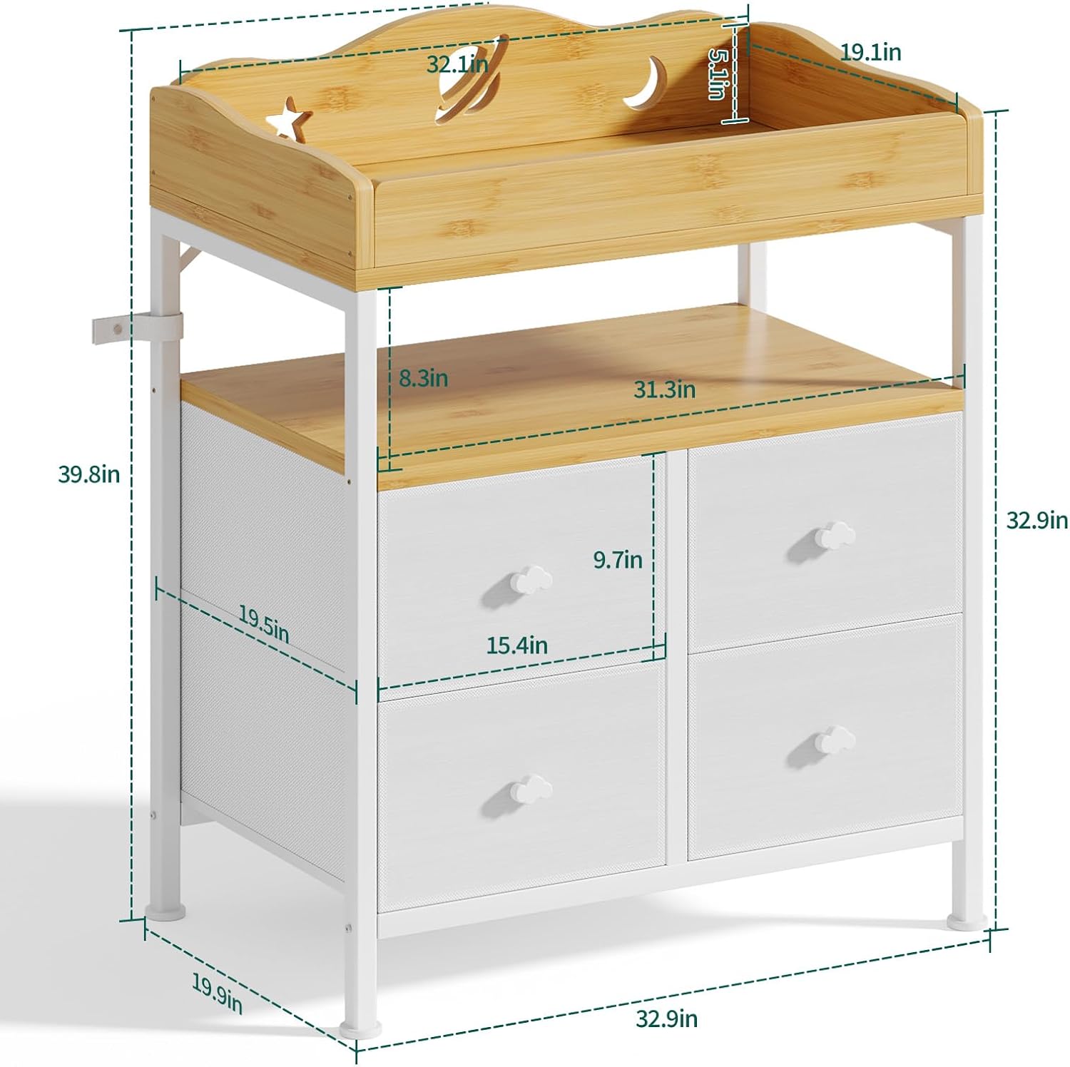 POKIPO Bamboo Changing Table Dresser with Sturdy Metal Frame, 4 Fabric Drawers, 3-in-1 Baby Dresser with Changing Table Top, Diaper Changing Station and Storage Organizer for Modern Nursery