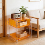 Acrylic Side Table with Open Storage Shelf, Clear Nightstand for Bedroom Living Room, Modern Small End Table for Record Player, Acrylic Bedside Organizer (Orange)