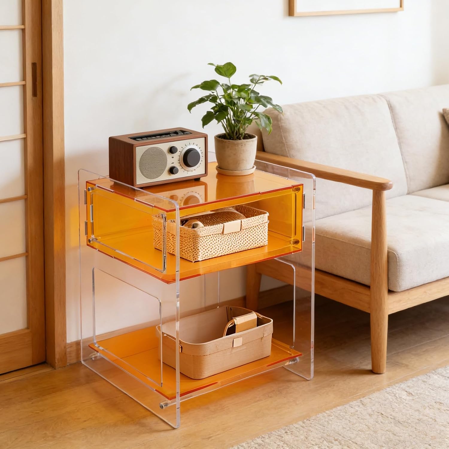 Acrylic Side Table with Open Storage Shelf, Clear Nightstand for Bedroom Living Room, Modern Small End Table for Record Player, Acrylic Bedside Organizer (Orange)