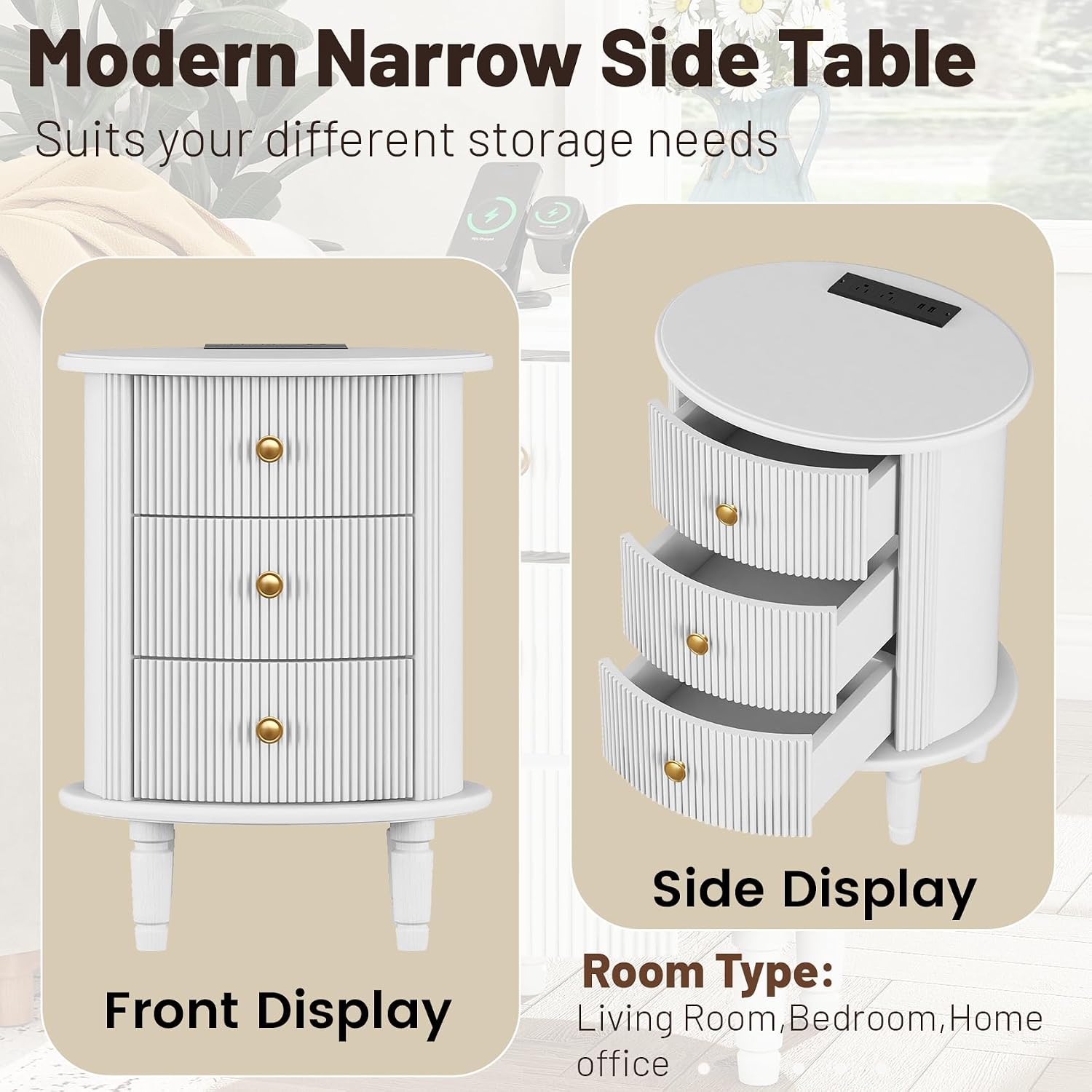 3 Drawers Nightstand, Wood End Table with Charging Station,Modern Round End Tables Living Room,Oval Side Table with Storage for Bedroom,Fully Assembled,White