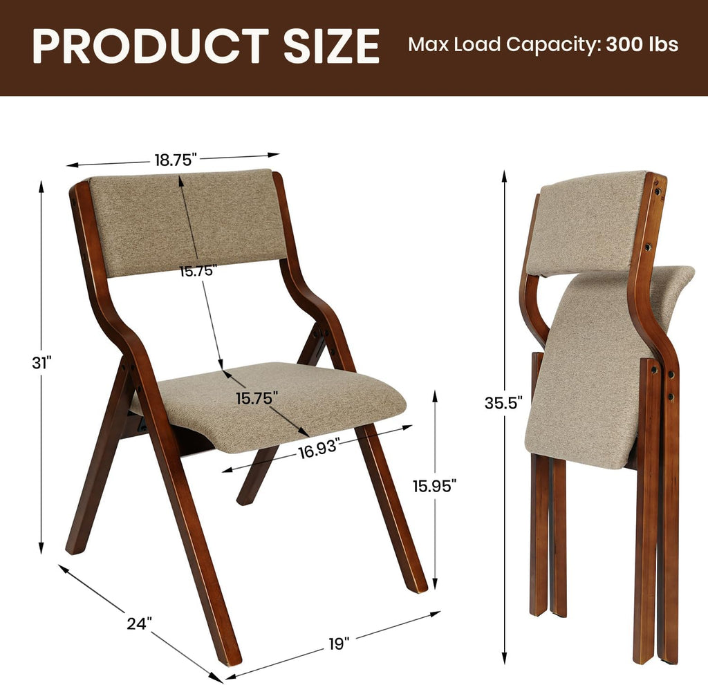 CangLong Foldable Chair Set of 2, Walnut+Light Coffee | Padded Fabric Chairs with Solid Wood Frame, Stackable and Assembled, for Guests Kitchen Office Wedding Party