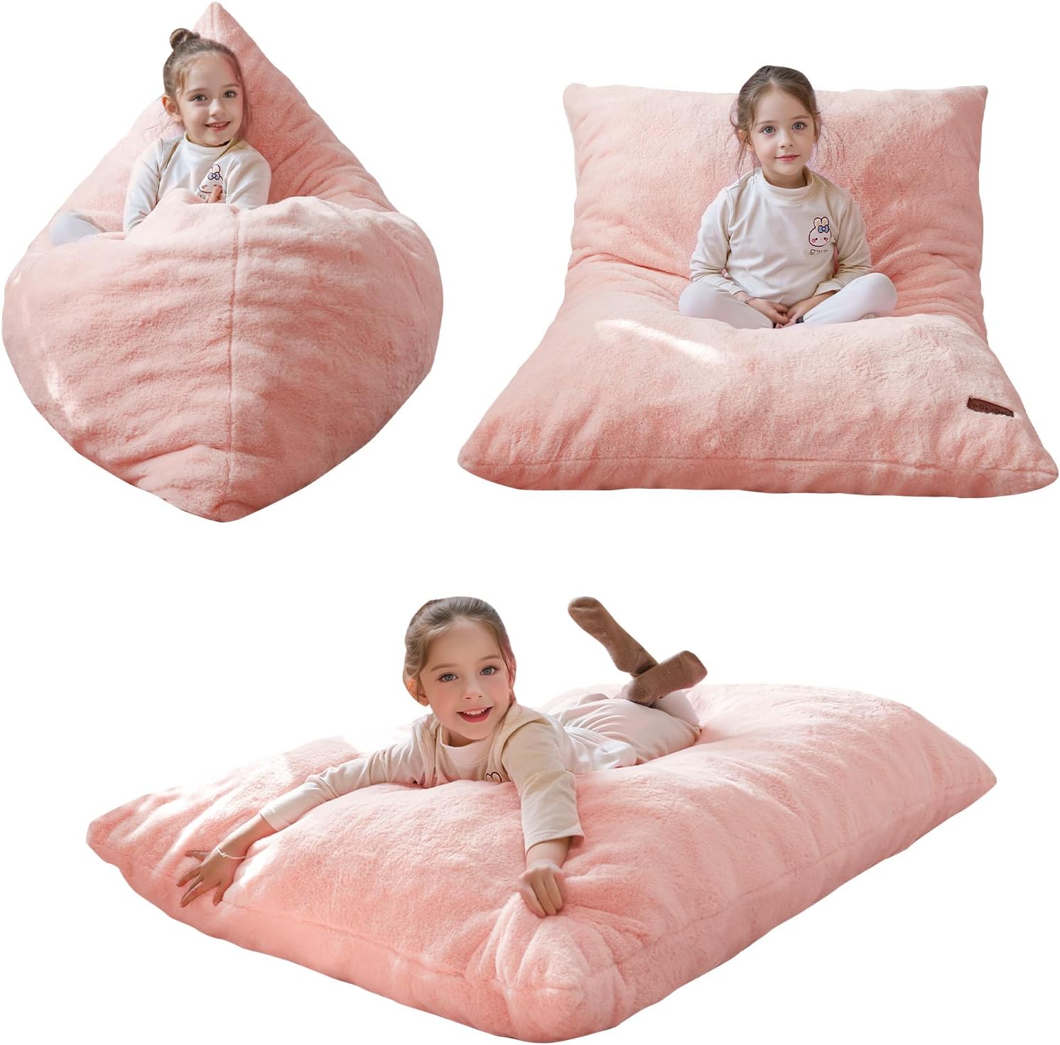 MAXYOYO 3 in 1 Kids Bean Bag Chair, Comfy Floor Sofa with Removed Cover | Soft Floor Couch with High-Density Foam Filling Convertible Child Chair Floor Cushion for Living Room Bedroom, Pink