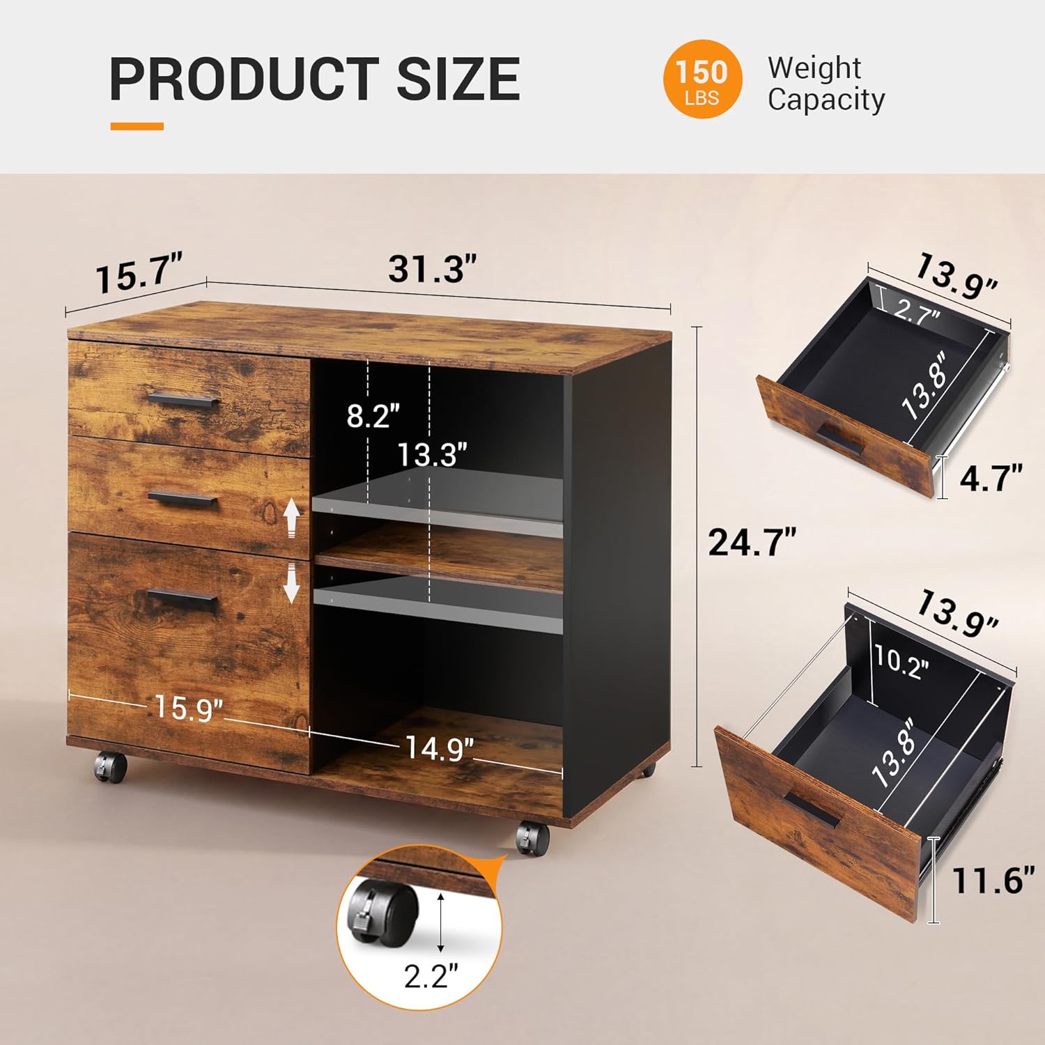 DEVAISE 3 Drawer Wood File Cabinet, Rolling Filing Cabinet with Open Storage Shelf, Printer Stand for Home Office Storage and Organization, Fits Letter/A4 Files (Rustic Brown, Wood)