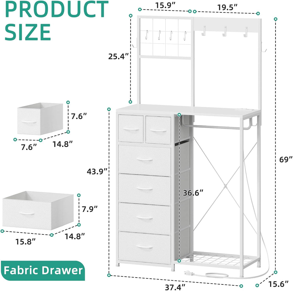 YAOHUOO Dresser with 6 Drawers and Hanging Rack, White | 6 Drawer Dresser, Hanging Rack, Charging Station, LED Light, Shoe Rack, Side Hooks, Entryway, Bedroom