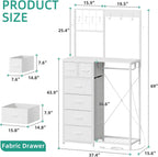 YAOHUOO Dresser with 6 Drawers and Hanging Rack, White | 6 Drawer Dresser, Hanging Rack, Charging Station, LED Light, Shoe Rack, Side Hooks, Entryway, Bedroom