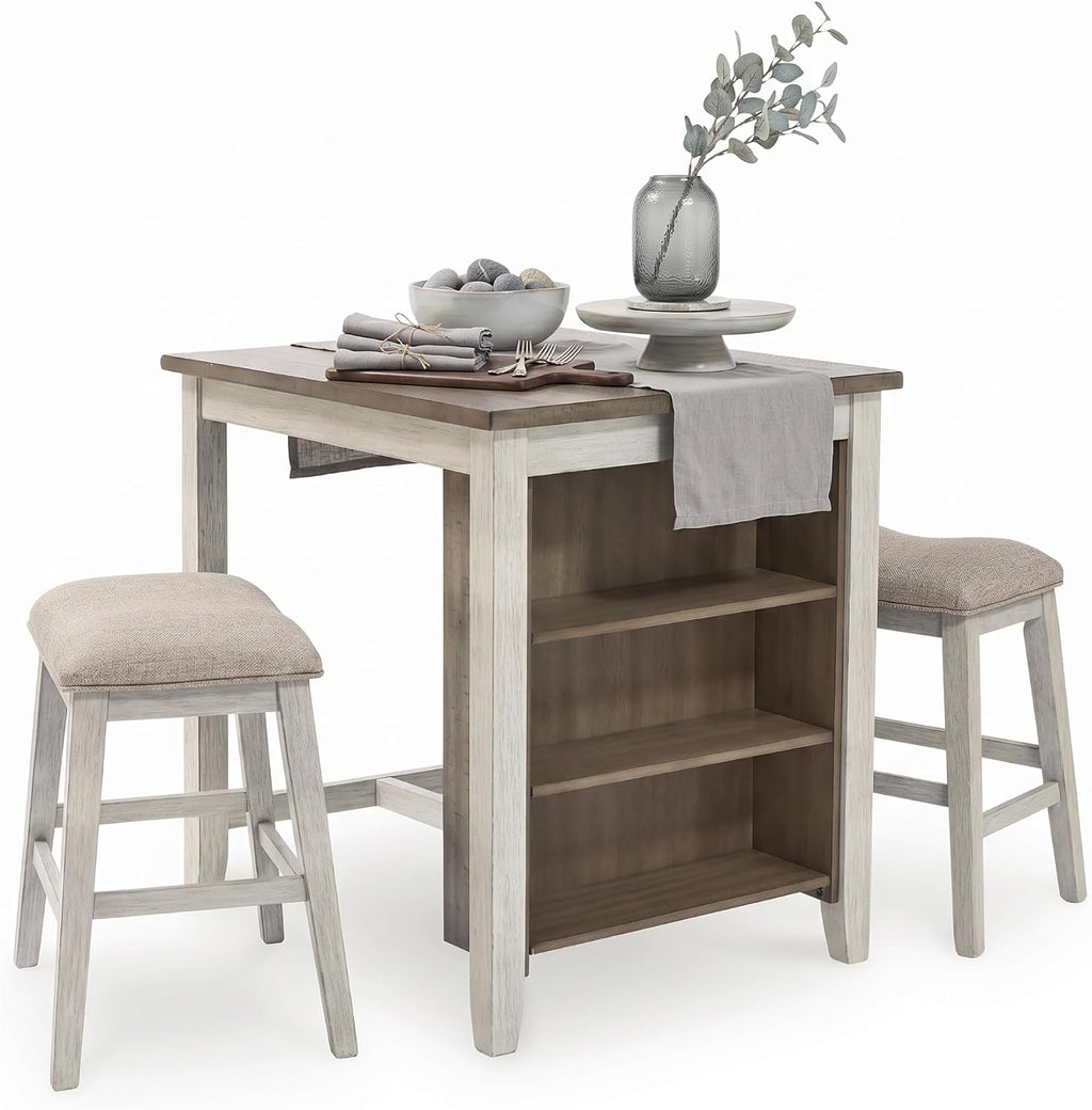 Signature Design by Ashley Skempton 3 Piece Counter Height Dining Table and Bar Stools Set, Built-in Storage, Wood, Acacia Veneer and Engineered Wood, Small Kitchen Table, White/Light Brown