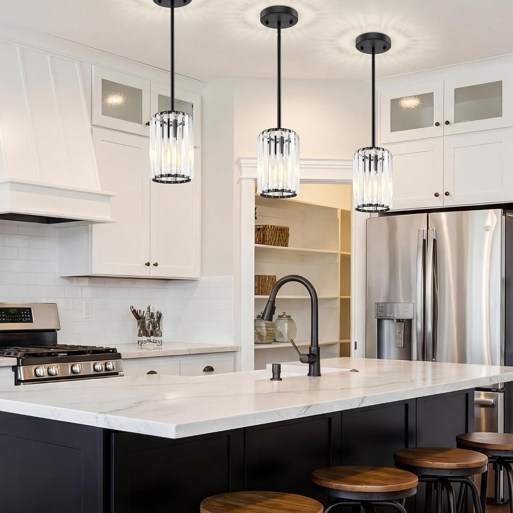Black Pendant Light, Modern Crystal Pendant Lights Kitchen Island, Kitchen Island Lighting with Adjustable Height, UL Certified Island Lights for Kitchen Dining Room Bedroom Hallway 3 Pack