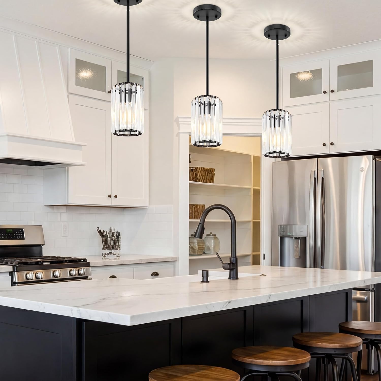 Black Pendant Light, Modern Crystal Pendant Lights Kitchen Island, Kitchen Island Lighting with Adjustable Height, UL Certified Island Lights for Kitchen Dining Room Bedroom Hallway 3 Pack