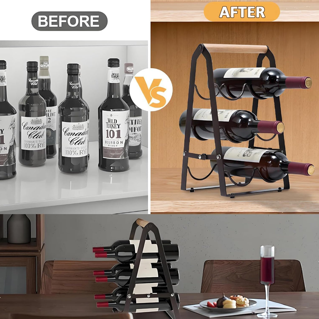 Wine Rack, 6-Bottle Foldable Wine Racks Countertop with Wooden Handle, 3-Tier No Assembly Wine Bottle Holder for Home Bar, Kitchen, Wine Cellar Storage (Black)