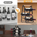 Wine Rack, 6-Bottle Foldable Wine Racks Countertop with Wooden Handle, 3-Tier No Assembly Wine Bottle Holder for Home Bar, Kitchen, Wine Cellar Storage (Black)