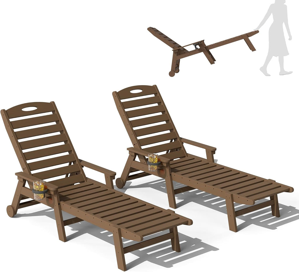Domi Outdoor Chaise Lounge Chairs Set of 2, HDPE All-Weather Pool Loungers with 5-Position Adjustable Reclining Backrest & Rolling Wheels for Poolside Sunbathing Tanning, Brown
