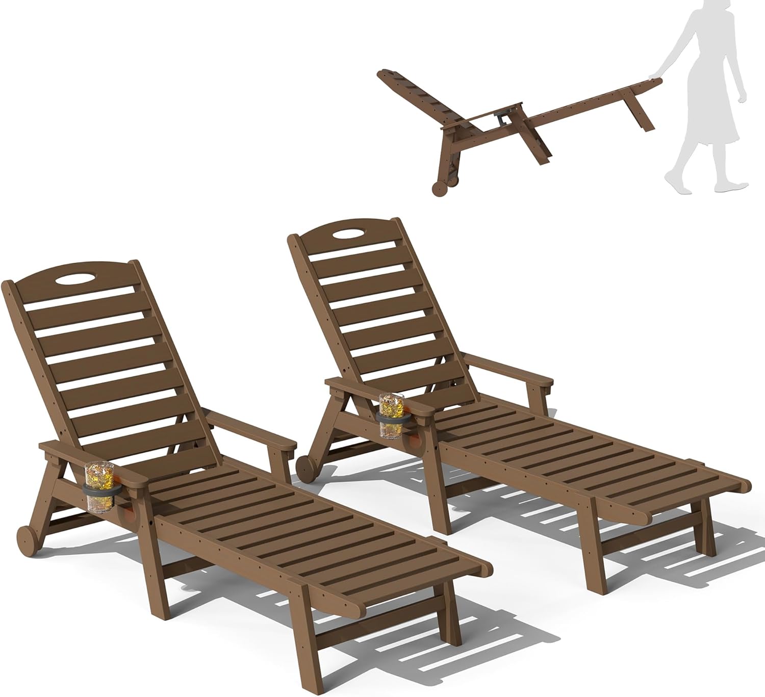 Domi Outdoor Chaise Lounge Chairs Set of 2, HDPE All-Weather Pool Loungers with 5-Position Adjustable Reclining Backrest & Rolling Wheels for Poolside Sunbathing Tanning, Brown