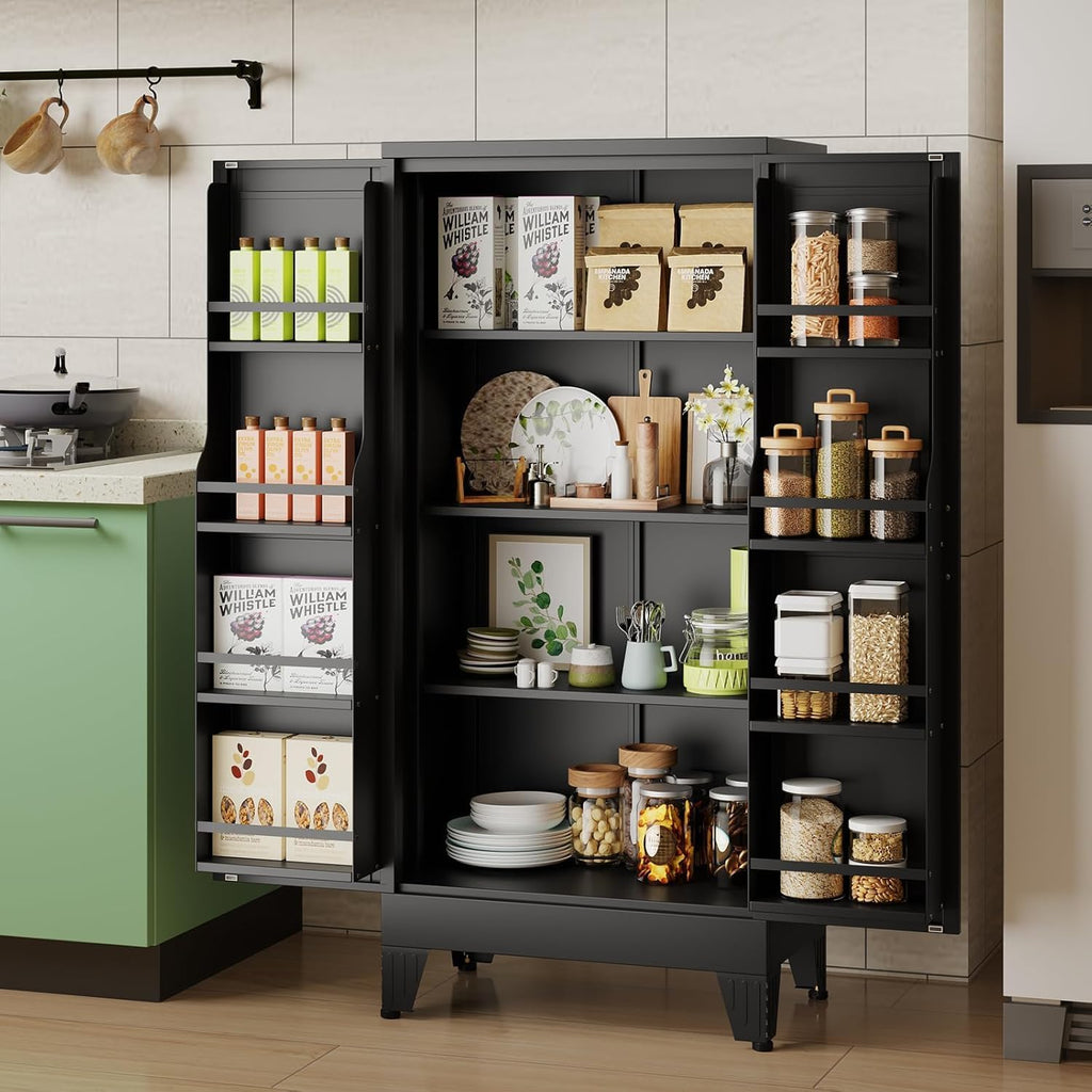 51" H Tall Metal Kitchen Pantry Storage Cabinet, Freestanding Storage Cabinets with Magnetic Doors and Adjustable Shelves, Black Metal Pantry Cabinet for Dining Room and Living Room.