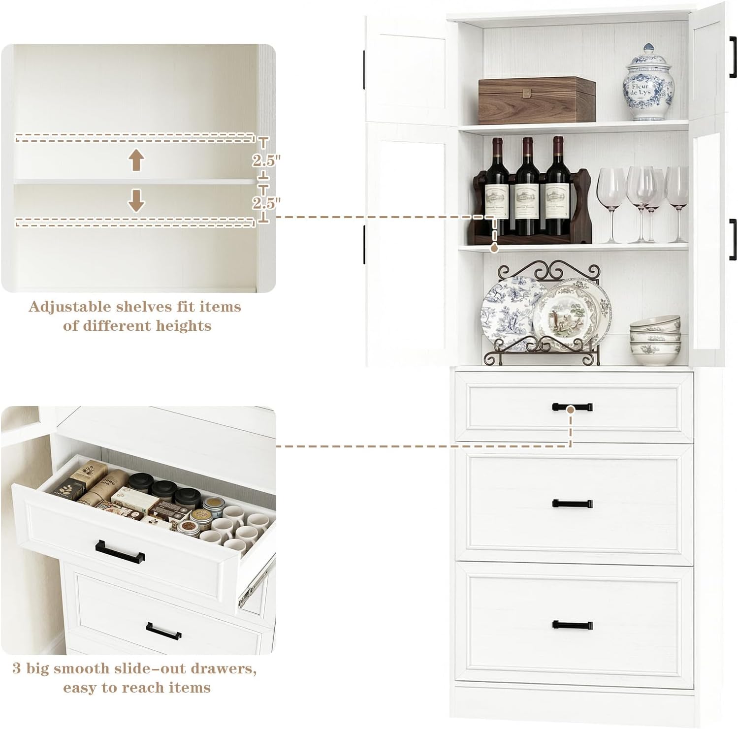 Unikito 80" Tall Kitchen Pantry Storage Cabinet with Glass Doors, Adjustable Shelves & 3 Drawers, Versatile Tall Storage Cupboard for Kitchen, Dining Room, Living Room, Bathroom White