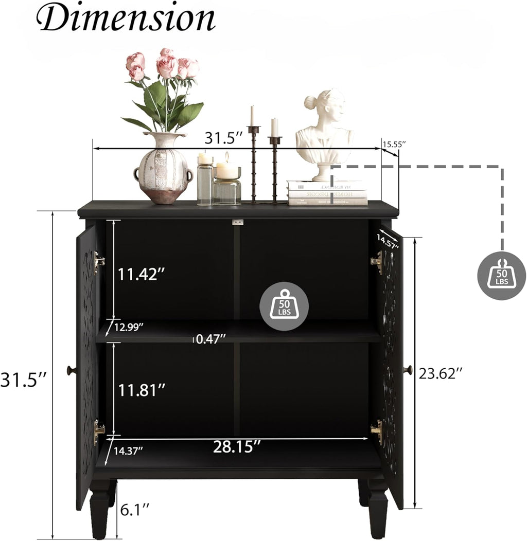 Antique Black Sideboard Buffet Accent Credenza Storage Cabinet with 2 Hollow Floral Carved Doors Small Modular Console Table for Kitchen Living Room Entryway 31.5 Inch