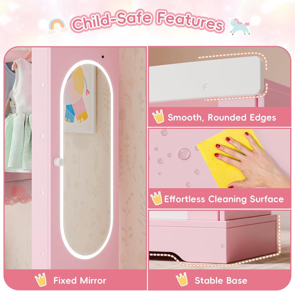Xilingol Kids Armoire with Jewelry Cabinet, Dress up Storage with Mirror, Princess Dress Closet and Costumes Wardrobe Closet, Costume Organizer for Bedroom, Kids Room, Girls (Pink)