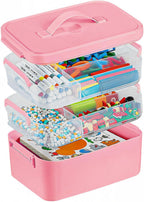 Gifhomfix 3-Layer Plastic Craft Organizers and Storage Box with Removable Trays, Storage Containers with lids and Handle, Art Supply Storage Organizer for Bead, Ornament, Nail Polish, Tape（Pink）