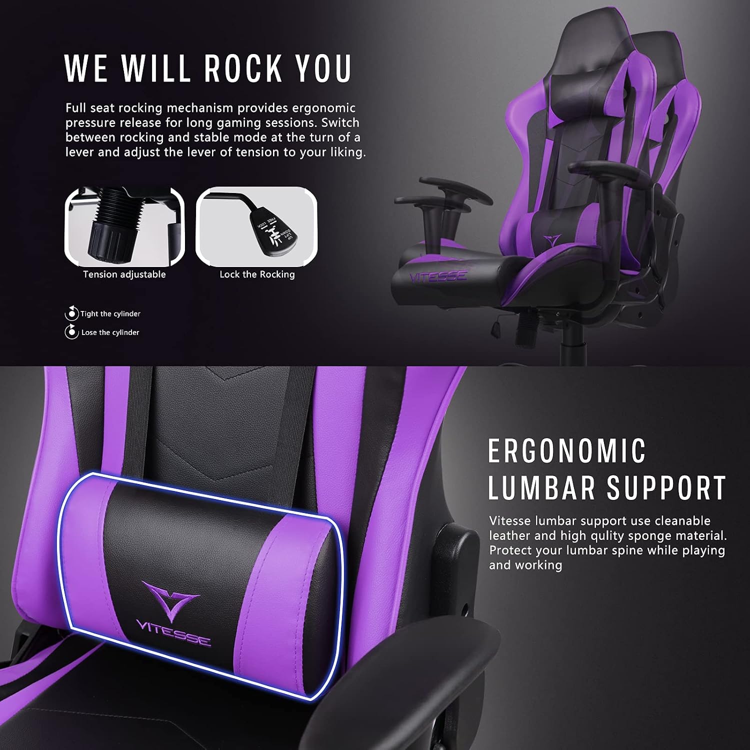 Gaming Chair,High Back Ergonomic Racing Gamer Chair with Lumbar Support and Headrest,Girl Computer Desk Chair with Height Adjustable(Purple)