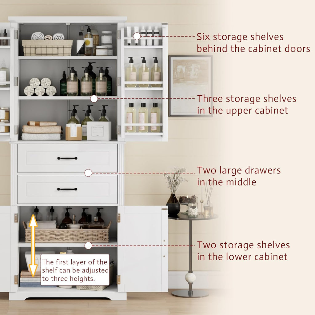 73 Inch Bathroom Storage Cabinet with Door Shelves, White | White MDF, bathroom kitchen or dining room, door shelves, adjustable shelf, lower compartments, anti-tip devices, 72.5 in H