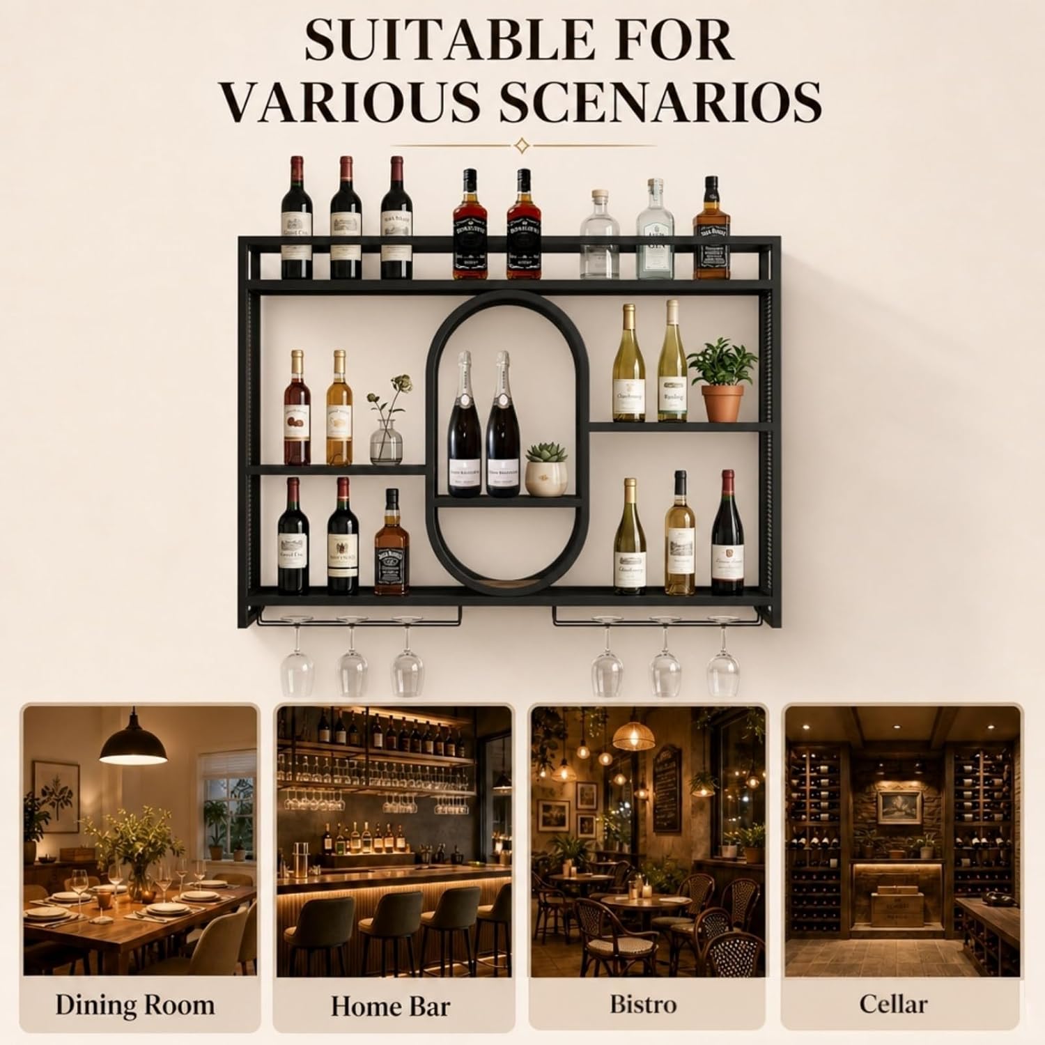 47" Upgrade Metal Wall Mounted Wine Rack, 3 Tier Bar Shelves with Glass Holder, Large Capacity Modern Liquor Shelves for Home Bar, Dining Room & Kitchen, Black