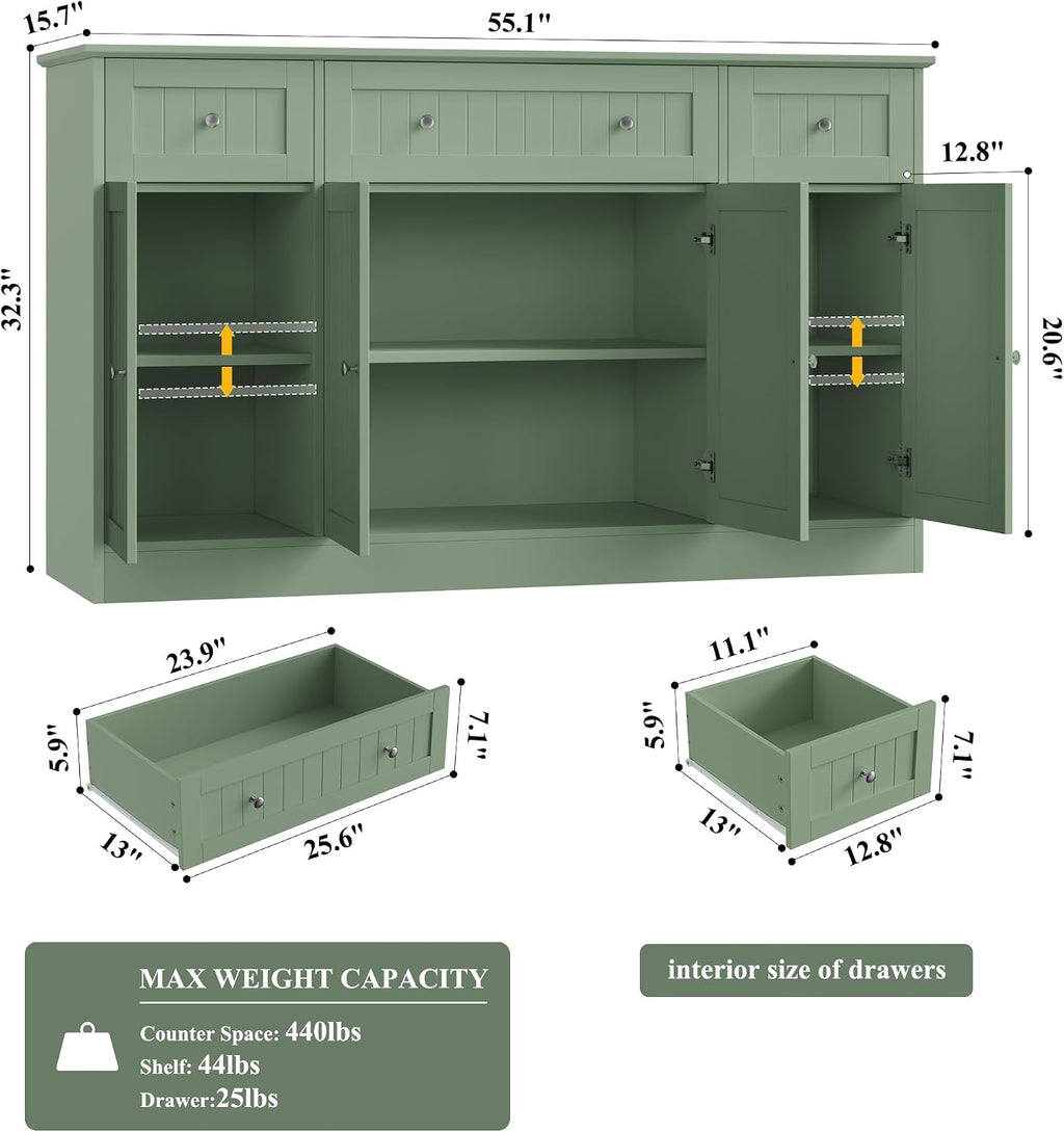 HITHOS 55" Sideboard Buffet Cabinet with Storage, Modern Kitchen Buffet Storage Cabinet with Drawers, Wood Coffee Bar with Adjustable Shelves, Large Sideboard for Kitchen, Living Room, Green