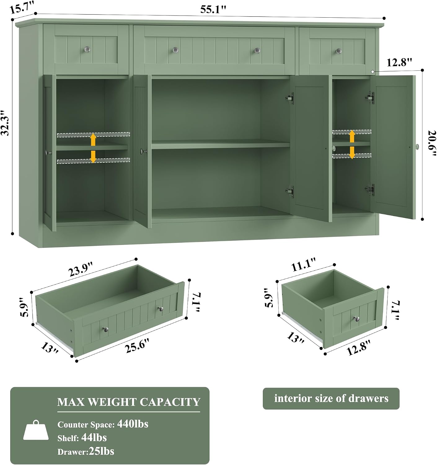 HITHOS 55" Sideboard Buffet Cabinet with Storage, Modern Kitchen Buffet Storage Cabinet with Drawers, Wood Coffee Bar with Adjustable Shelves, Large Sideboard for Kitchen, Living Room, Green