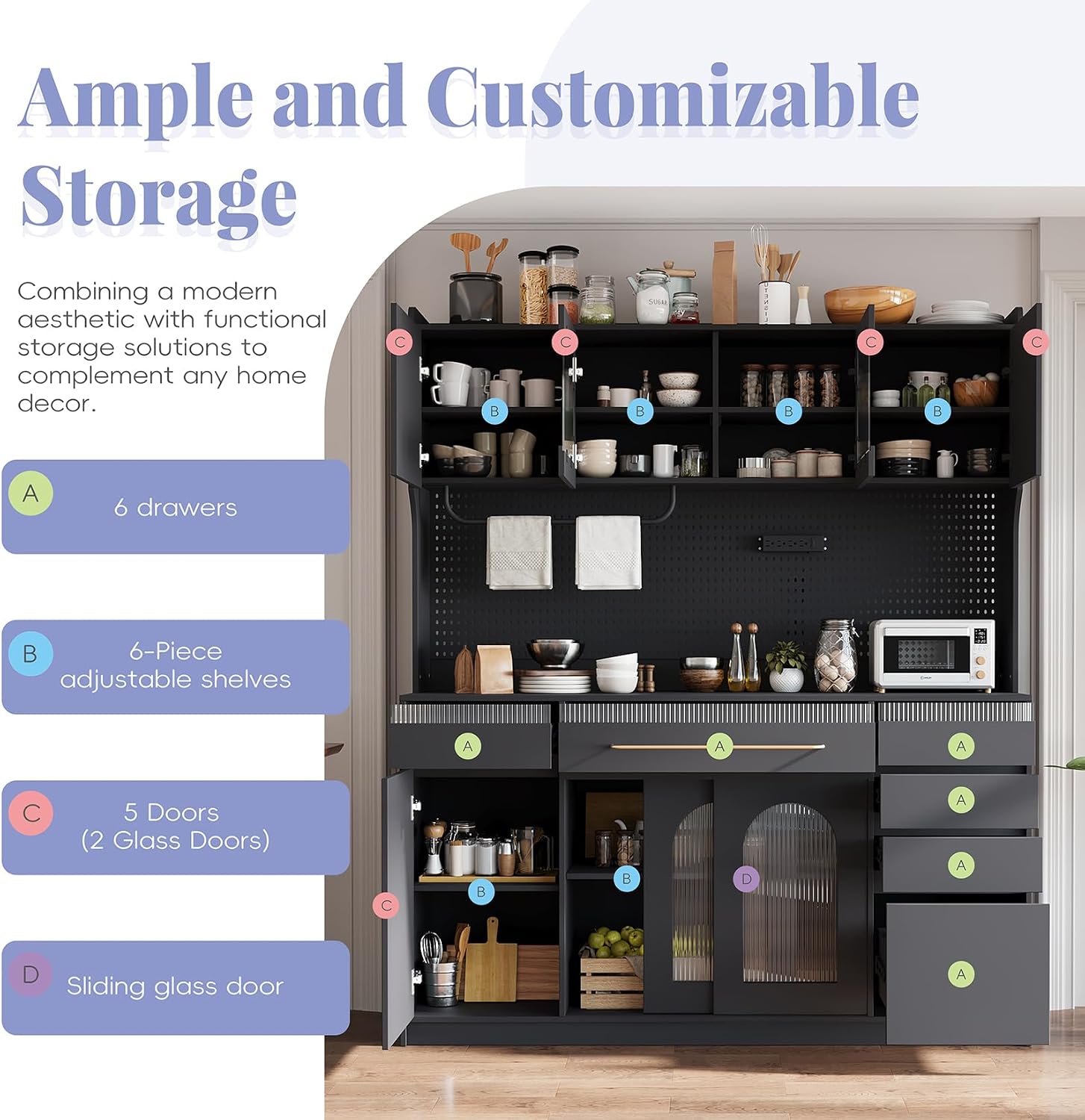 63'' W Freestanding Buffet Kitchen Pantry Cupboard with Hutch, Large Coffee Bar Storage Cabinet with 6 Drawers, 5 Cabinets with Adjustable Shelves,Pegboard,Towel Rack, Power Outlet