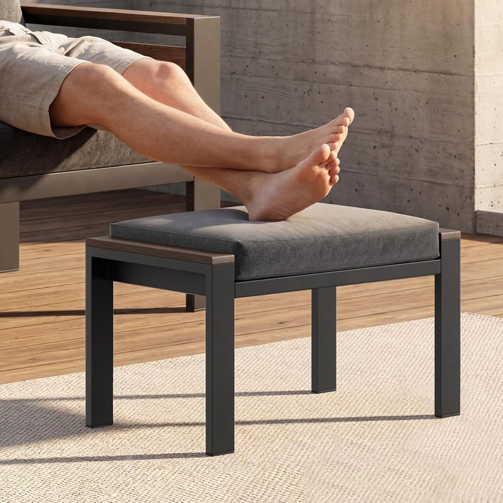 Outdoor Aluminum Patio Furniture Step Stool, 2Pcs Rust-resistant Patio Conversation Foot Stool with Comfort Washable Cushions and Metal Legs, Ottoman Foot Rest for Backyard Porch Deck Dalcony