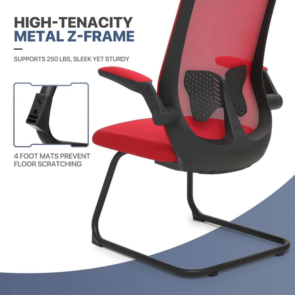 MoNiBloom Office Guest Chair Without Wheels, Lumbar Support Sled Chair Ergonomic Middle Back Task Chair with Flip-Up Arms for Reception Conference Wait Room 250 LBS Capacity, Set of 2, Red