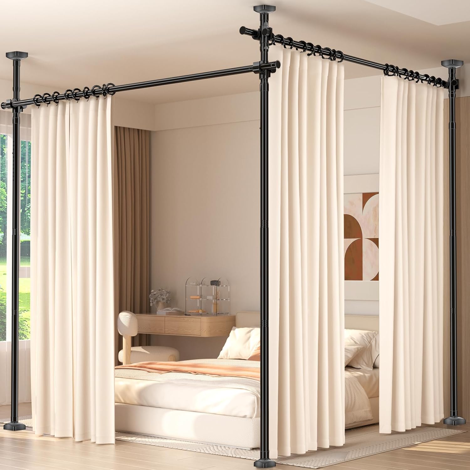 Room Divider for Room Separation,4-10ft(H) 28-140inch(W) Adjustable Temporary Privacy Wall Divider, Tension Curtain Rods No Drilling, Heavy Duty Partition Space Separator Freestanding,Black