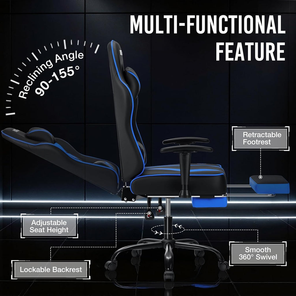 Massage Gaming Chair 155°Reclining Computer Chair Ergonomic Game Chair-Blue | Adjustable Armrests,Footrest,Pocket Spring Cushion,Ergonomic Comfy,for Home/Office,for Kids/Adults,Multiple Colors Available
