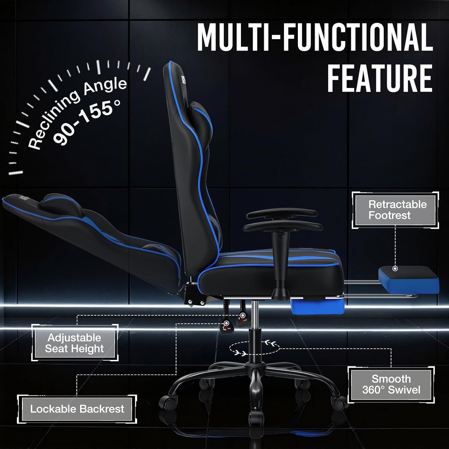 Massage Gaming Chair 155°Reclining Computer Chair Ergonomic Game Chair-Blue | Adjustable Armrests,Footrest,Pocket Spring Cushion,Ergonomic Comfy,for Home/Office,for Kids/Adults,Multiple Colors Available