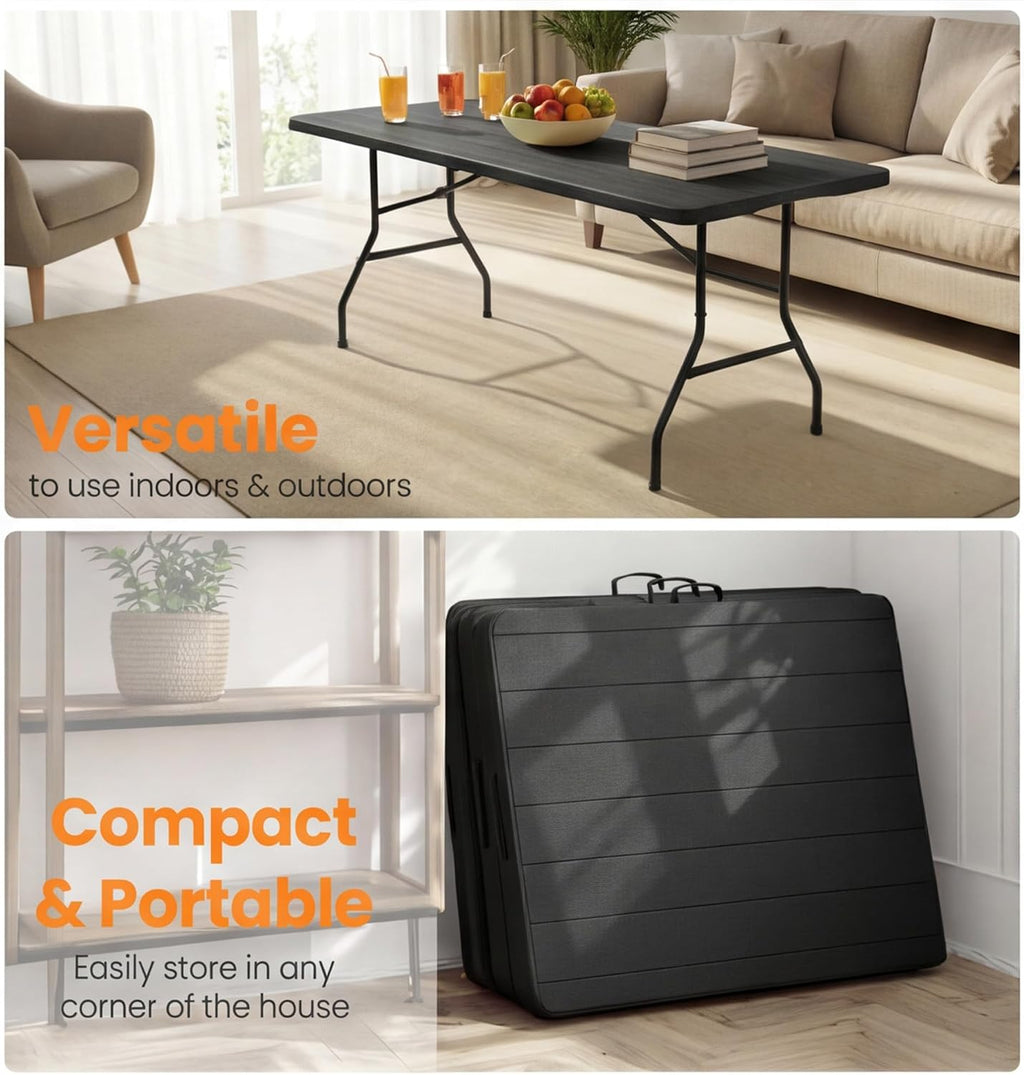SEALAMB 6 Feet Foldable Table with Built in Handle & Steel Legs,6FT Heavy Duty Folding Portable,Perfect for Party, Dining, Wedding, Events, Picnic Indoor, Outdoor, Camping, Utility, Folding - 6 Ft
