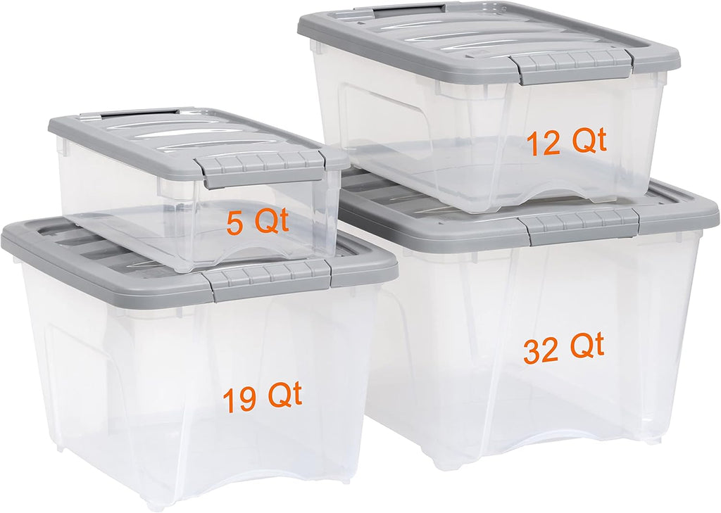 Amazon Basics Plastic Storage Containers with Secure Latching Lids, Stackable Organization Bins, Clear/Grey, 32 Quart, Set of 6