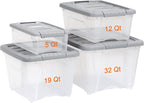 Amazon Basics Plastic Storage Containers with Secure Latching Lids, Stackable Organization Bins, Clear/Grey, 32 Quart, Set of 6