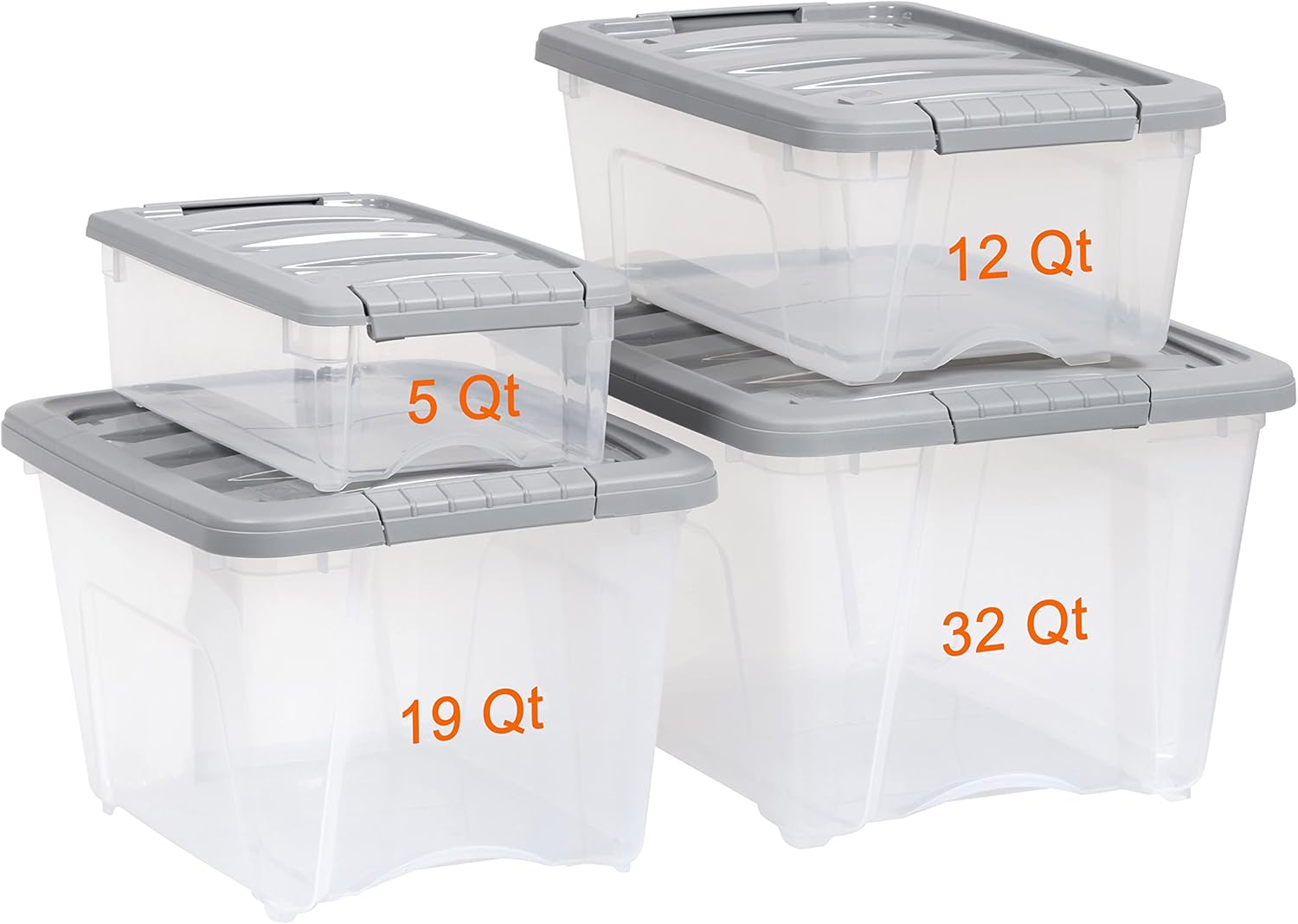 Amazon Basics Plastic Storage Containers with Secure Latching Lids, Stackable Organization Bins, Clear/Grey, 32 Quart, Set of 6