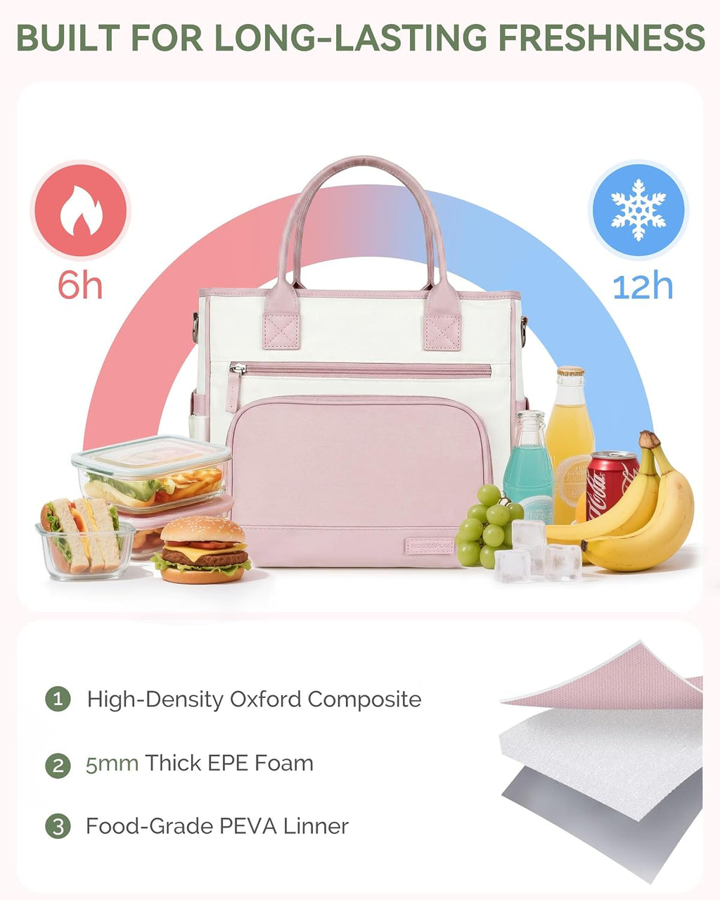 HOMESPON Insulated Lunch Bag Women Wide Opening Adult Lunch Box Large Leakproof Cooler Bag for Work Picnic Beach Family College Lunch Teacher Tote Bag with Adjustable Shoulder Strap Cup Holder(Pink)