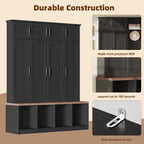 Hall Tree with Bench and Shoe Storage Compartments, Particle Board Multi-Functional Entryway Cabinet with 4 Hanging Hooks, Black