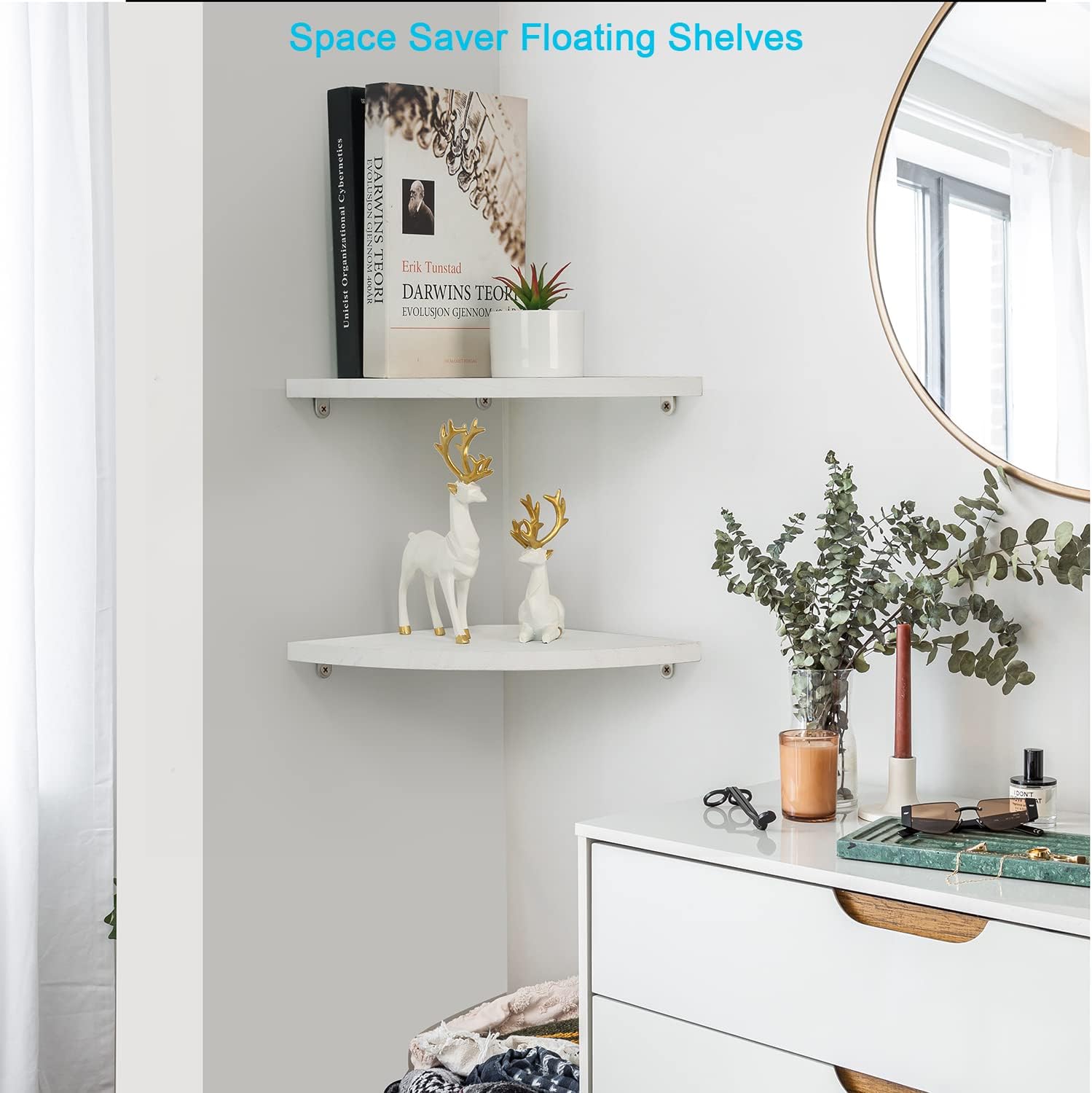 JORIKCHUO 10 inch Corner Wall Shelf Set of 2, Solid Wood Corner Floating Shelves for Wall, Round End Wall Mounted Floating Shelf for Bedroom, Living Room and Kitchen (White-10 inch)