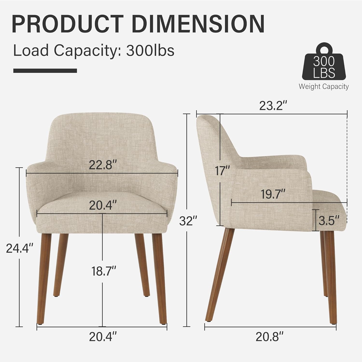 Upholstered Dining Chairs Set of 2, Modern Kitchen Chairs with Back and Curved Armrest, Fabric Side Dining Room Chairs with Wood Legs for Kitchen Dining Room Restaurant, Beige
