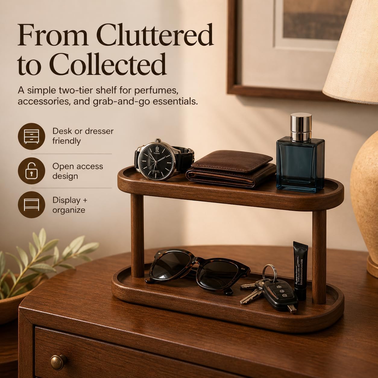 Adkoat® Two Tier Bathroom Desktop Countertop Organizer - Pine Wooden Perfume Vanity Stand Counter Shelf for Cologne Skincare Makeup Dresser Organizer - Matcha Station | Mug Display - 12.6 x 6.3 x 7.5