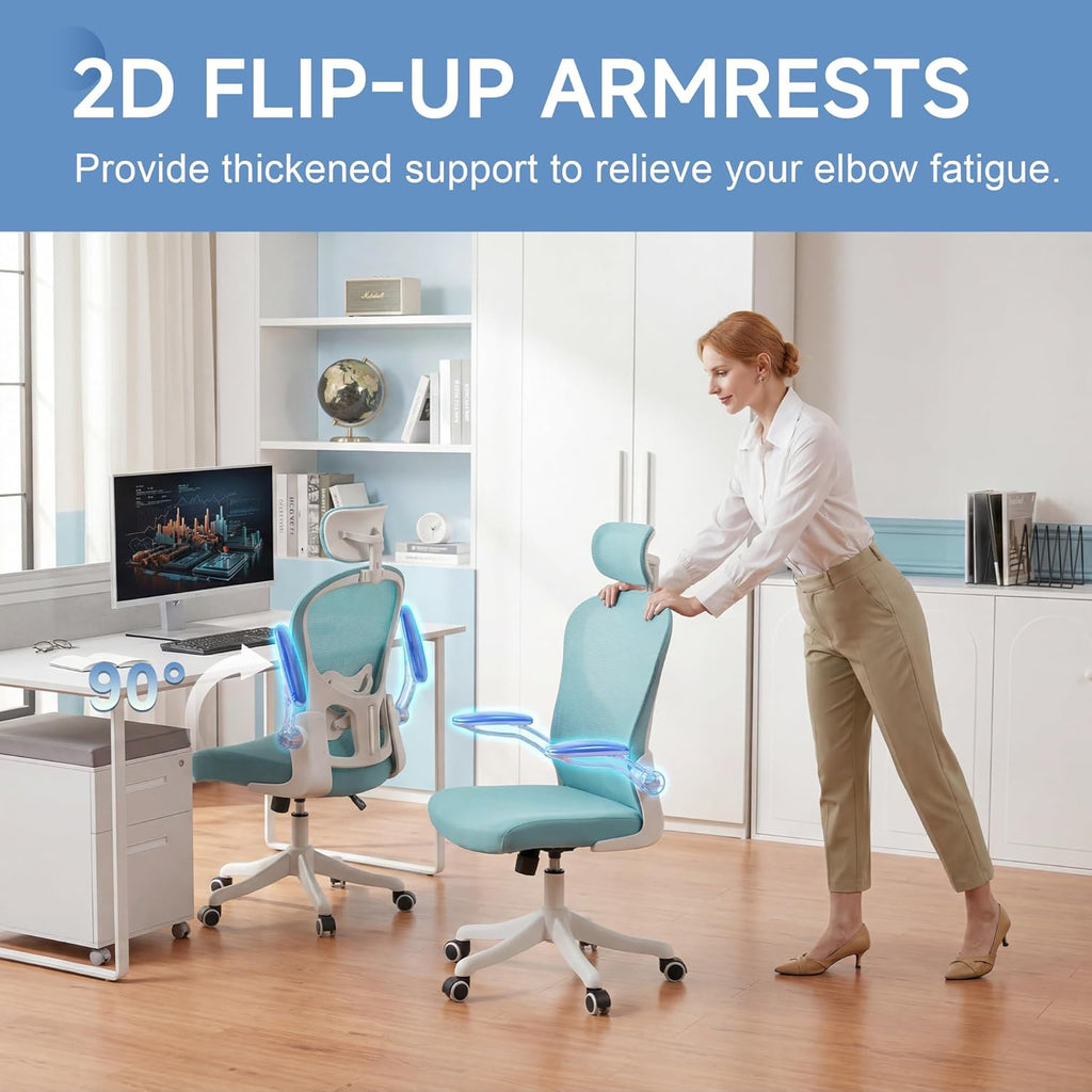 Ergonomic Office Chair with Adjustable Lumbar Support and Headrest, High Back Mesh Desk Chair for Home Office,Flip-Up Arms 90-120° Tilt Lock Rolling Swivel Task Chairs (White-Blue6065)